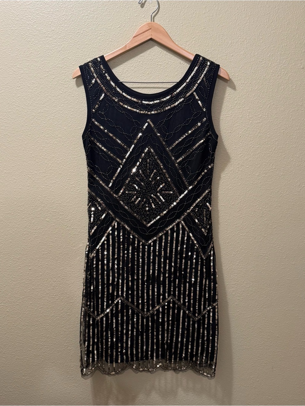 Women’s Large Black Gold Sequin Geometric Sheath Mesh Sleeveless Gatsby Dress